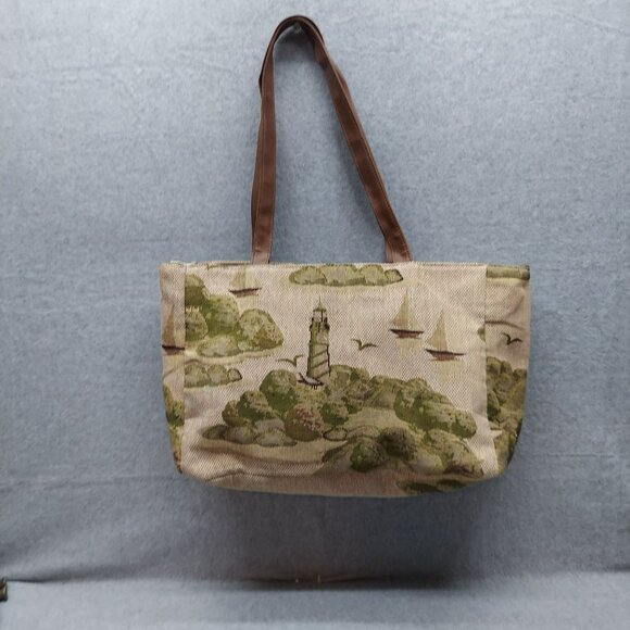 Vintage Lighthouse & Sailboat Tapestry Tote Bag With Brown Handles - Picture 1 of 14